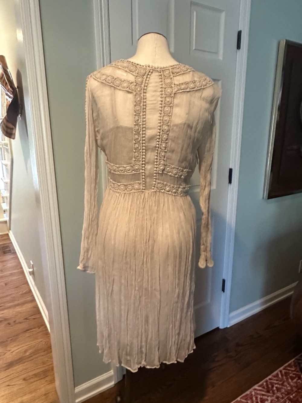 EUC Sundance Sz 12 Gauzy 2-piece Boho Lace-Trim Long Sleeve Midi Dress in Beige - Picture 8 of 11
